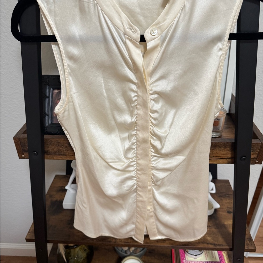 “Theory Silk Ruched Blouse Cream Sleeveless Minimalist Top”